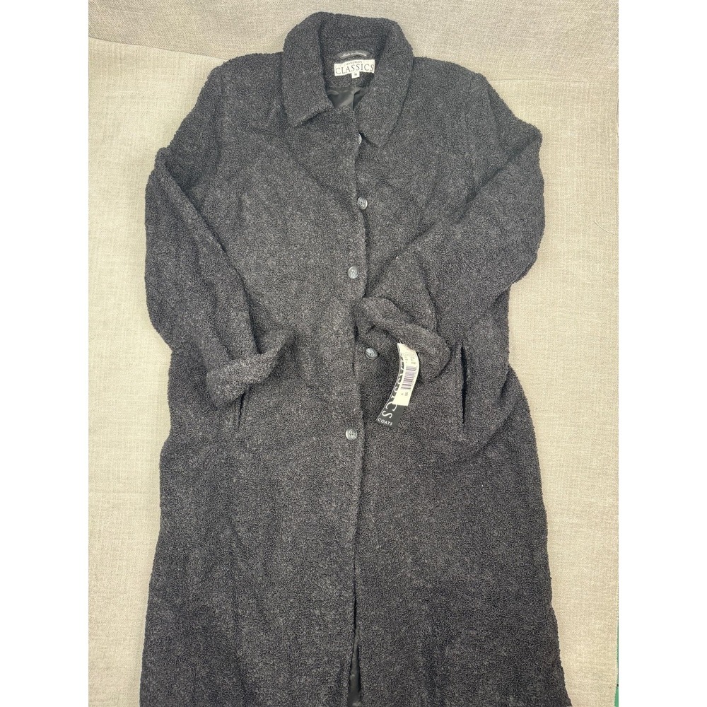 Anne Klein Classics Coat Womens 16 Black Wool Long Button Front Lined Overcoat
